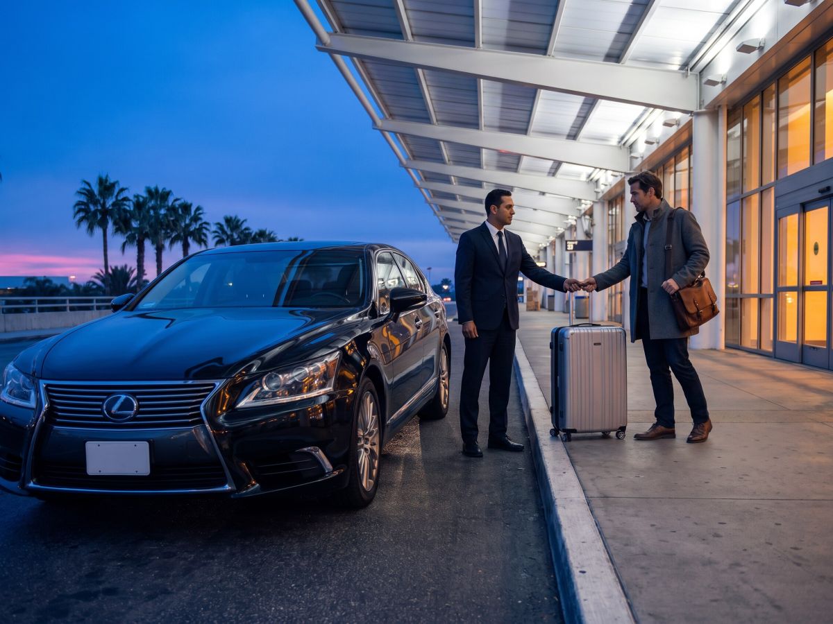 Chauffeur handing a suitcase to a departing traveler beside the Lexus Sedan at an airport terminal curb