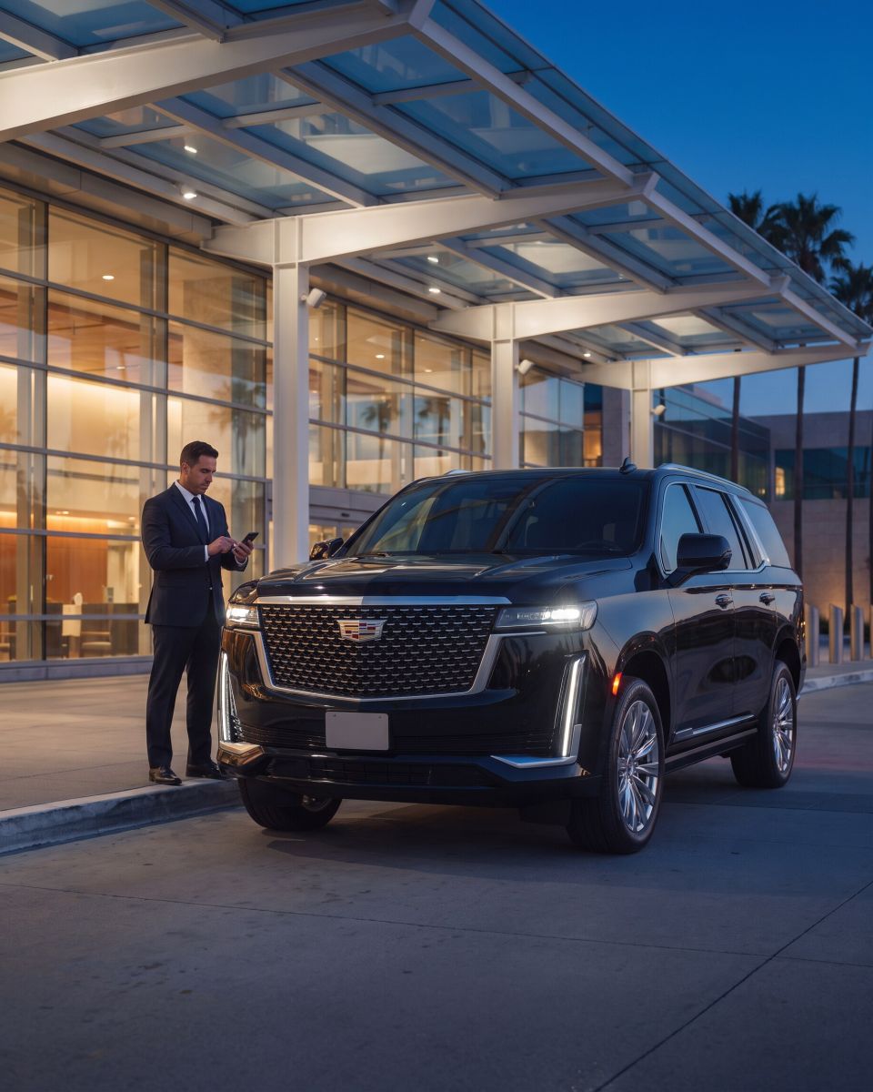 Chauffeur beside the Black Cadillac Escalade at an airport terminal, checking his phone