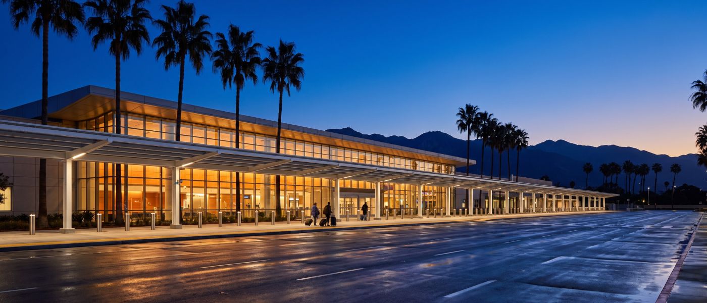 Airport terminal curbside at dusk with a white canopy, palm trees and mountains on the horizon