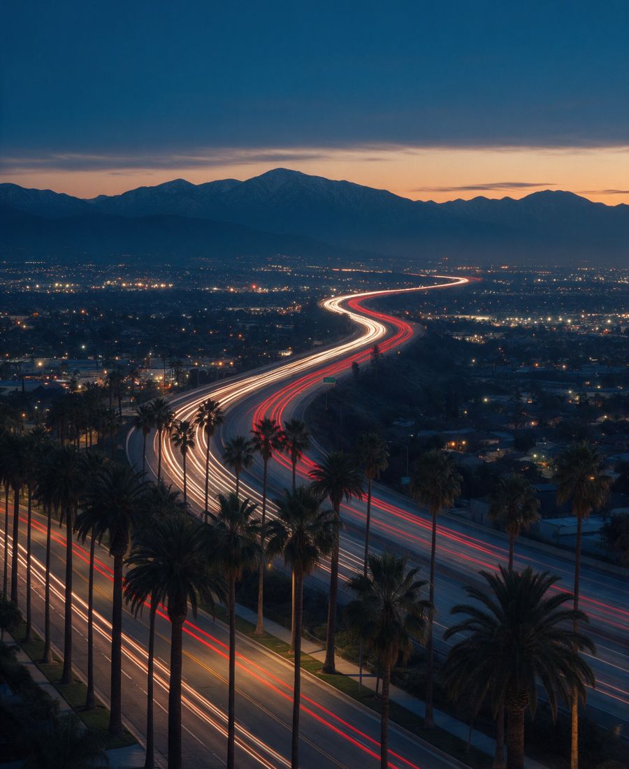 Aerial view of an Inland Empire freeway at dusk