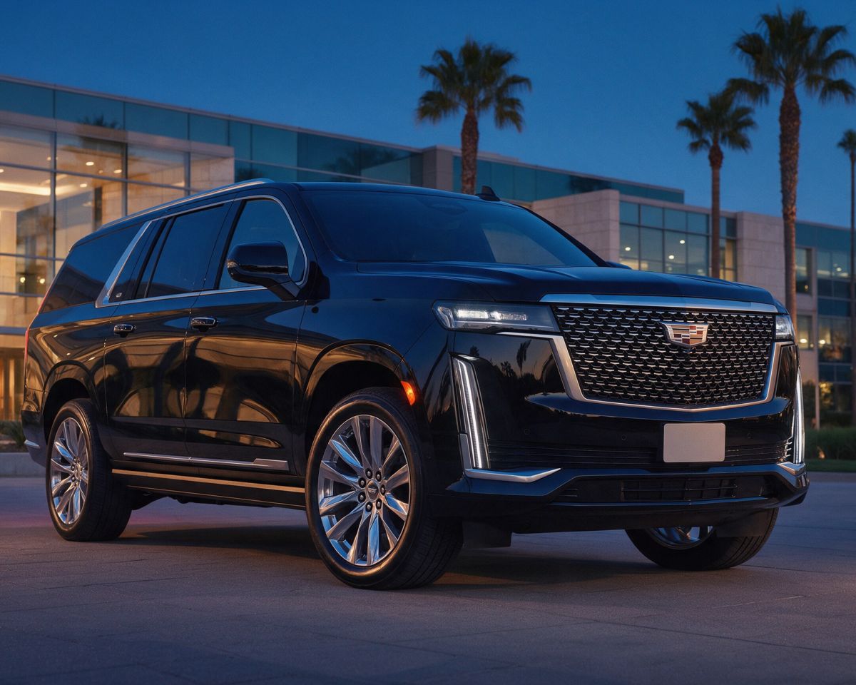 Low-angle view of the Black Cadillac Escalade in front of a glass office building at dusk