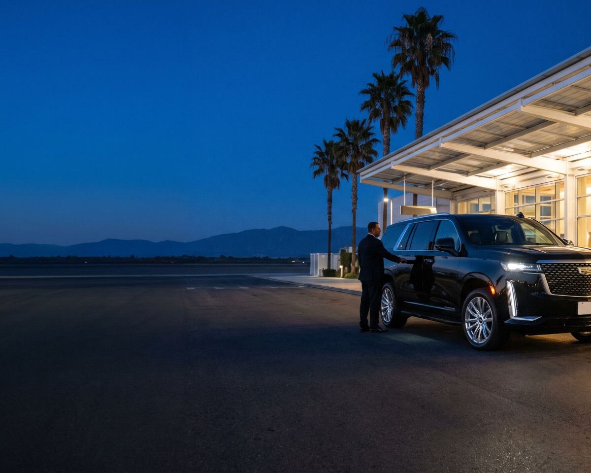 Black Cadillac Escalade at an airport terminal curb at dusk, a chauffeur holding the rear door for an arriving traveler