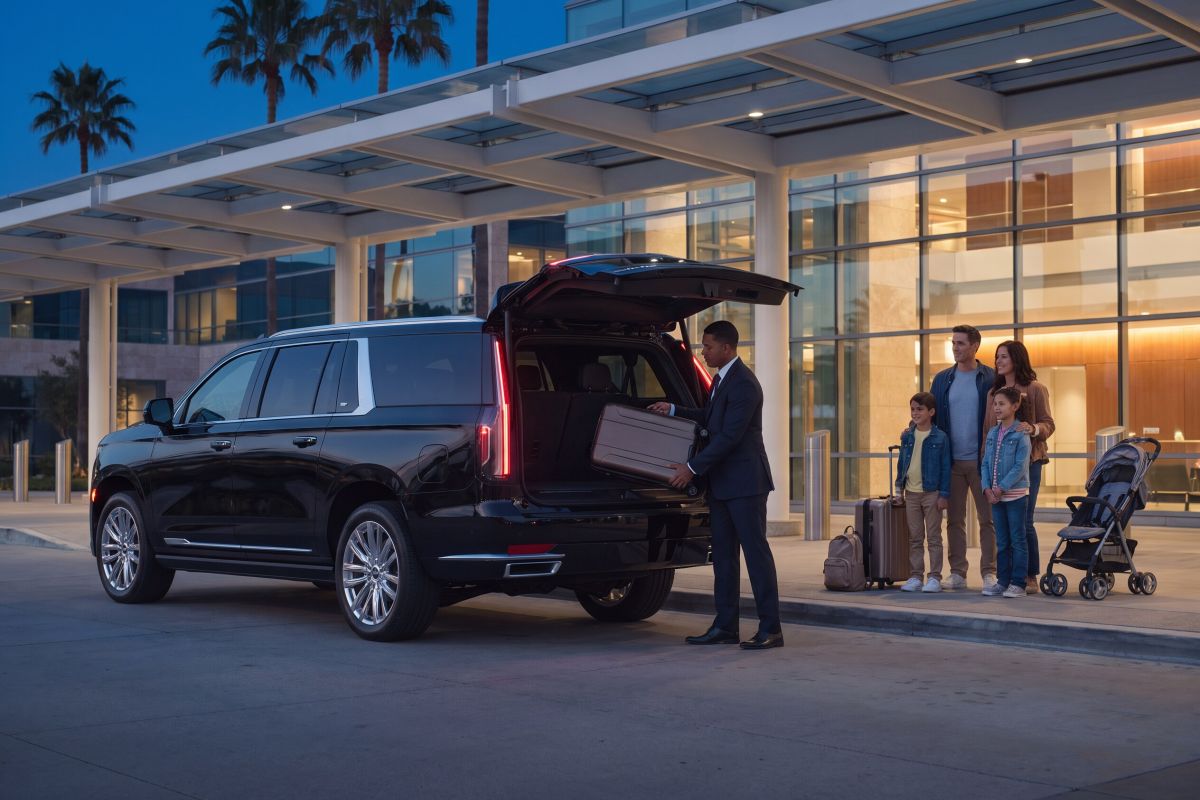 Chauffeur loading luggage into the Black Cadillac Escalade while a family of four waits on the airport curb with a stroller