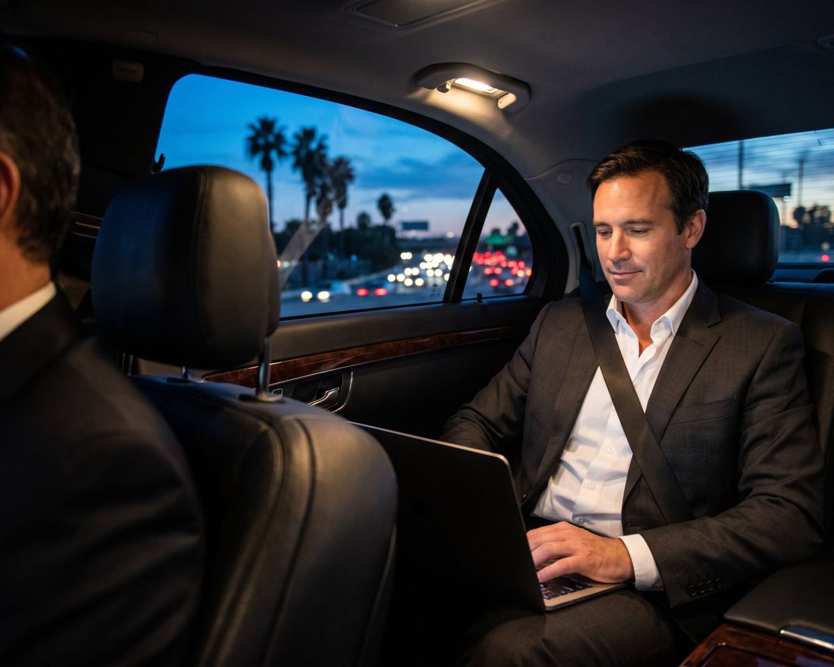 Business traveler working on a laptop in the rear seat of a chauffeured sedan