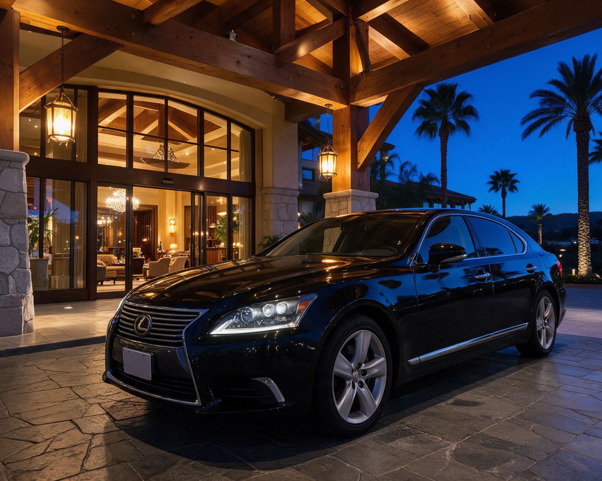 Lexus Sedan parked in front of a lodge-style hotel entrance at dusk