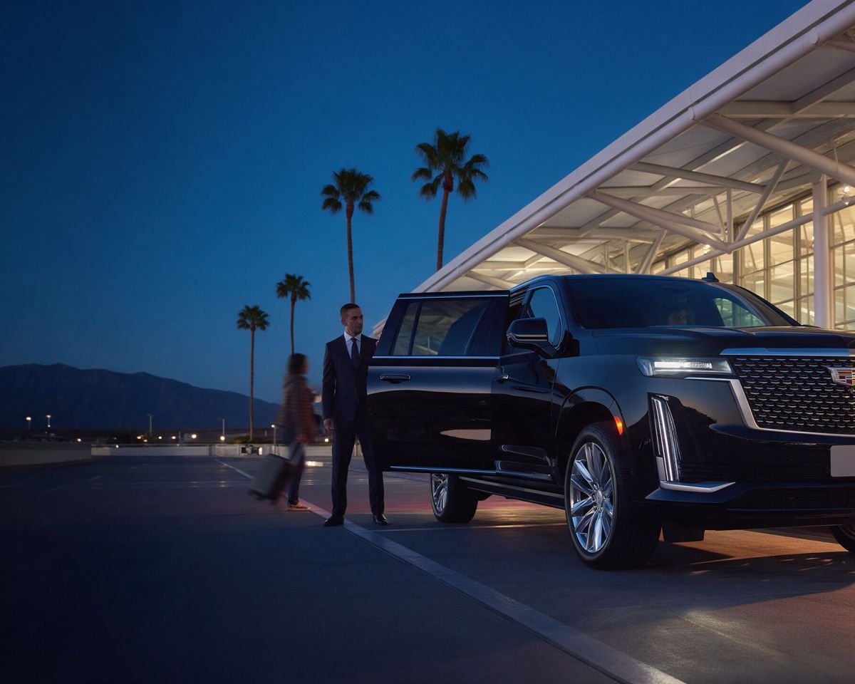 Low-angle view of the Black Cadillac Escalade at an airport terminal curb at dusk