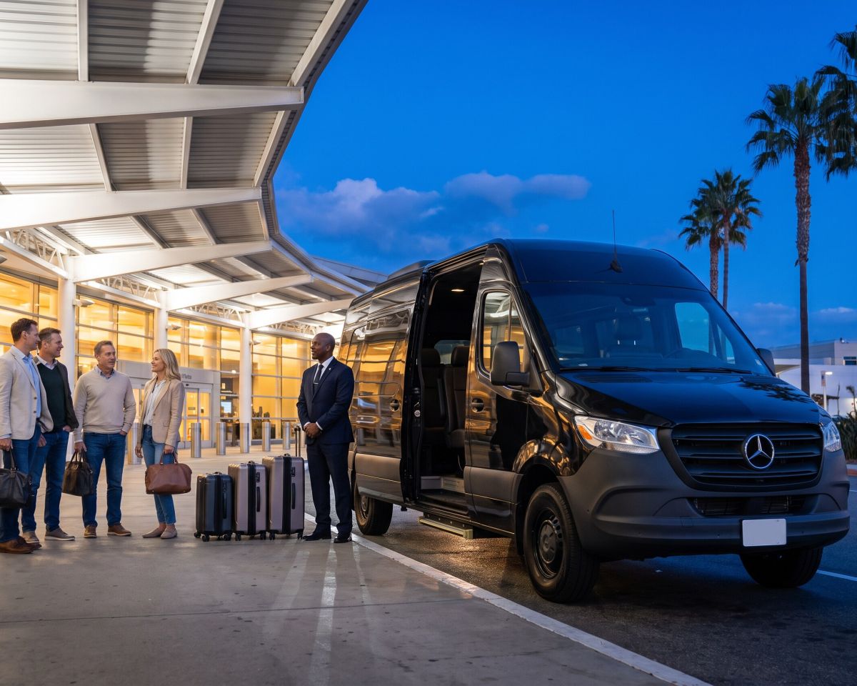 Black Mercedes-Benz Sprinter with a group of travelers and their luggage at an airport curb