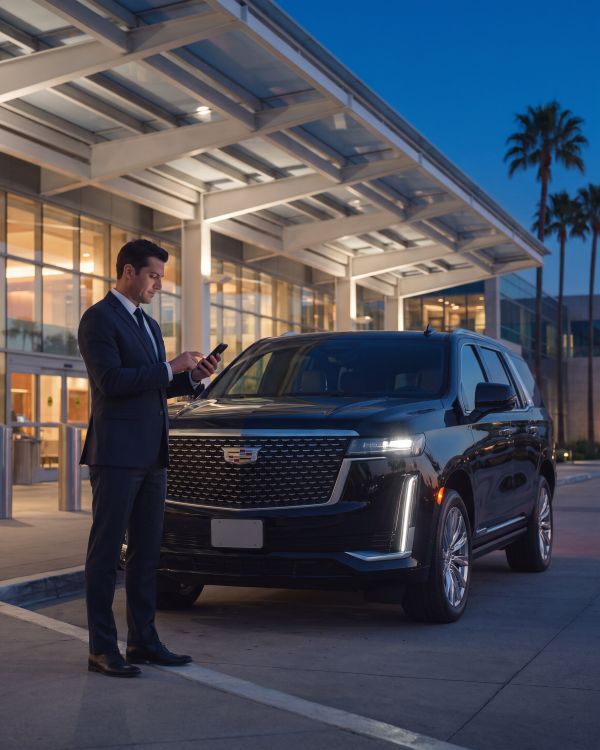 Chauffeur beside the Black Cadillac Escalade at the terminal, sending a message on his phone