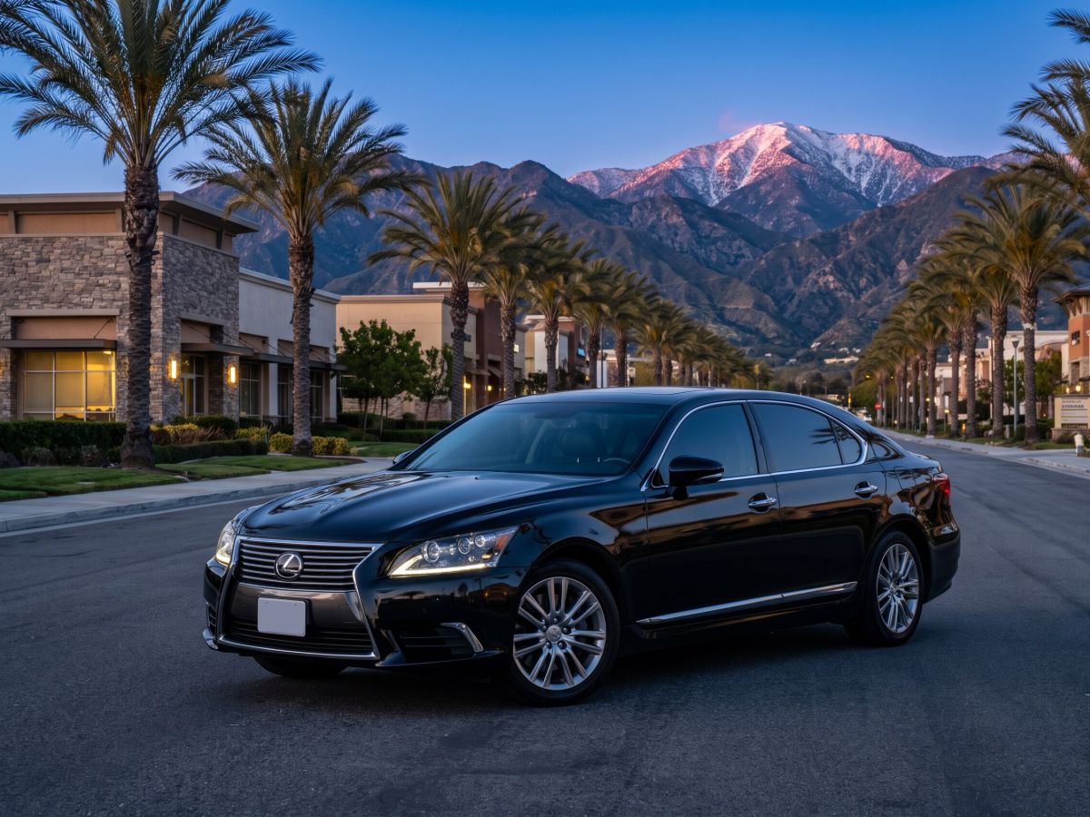 Lexus Sedan on a palm-lined boulevard in the Inland Empire with the San Gabriel Mountains behind