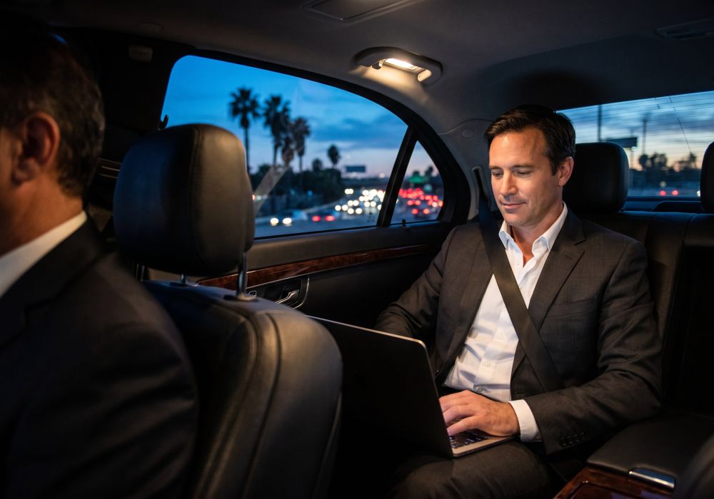 Business traveler working on a laptop in the rear seat during a chauffeured trip at dusk