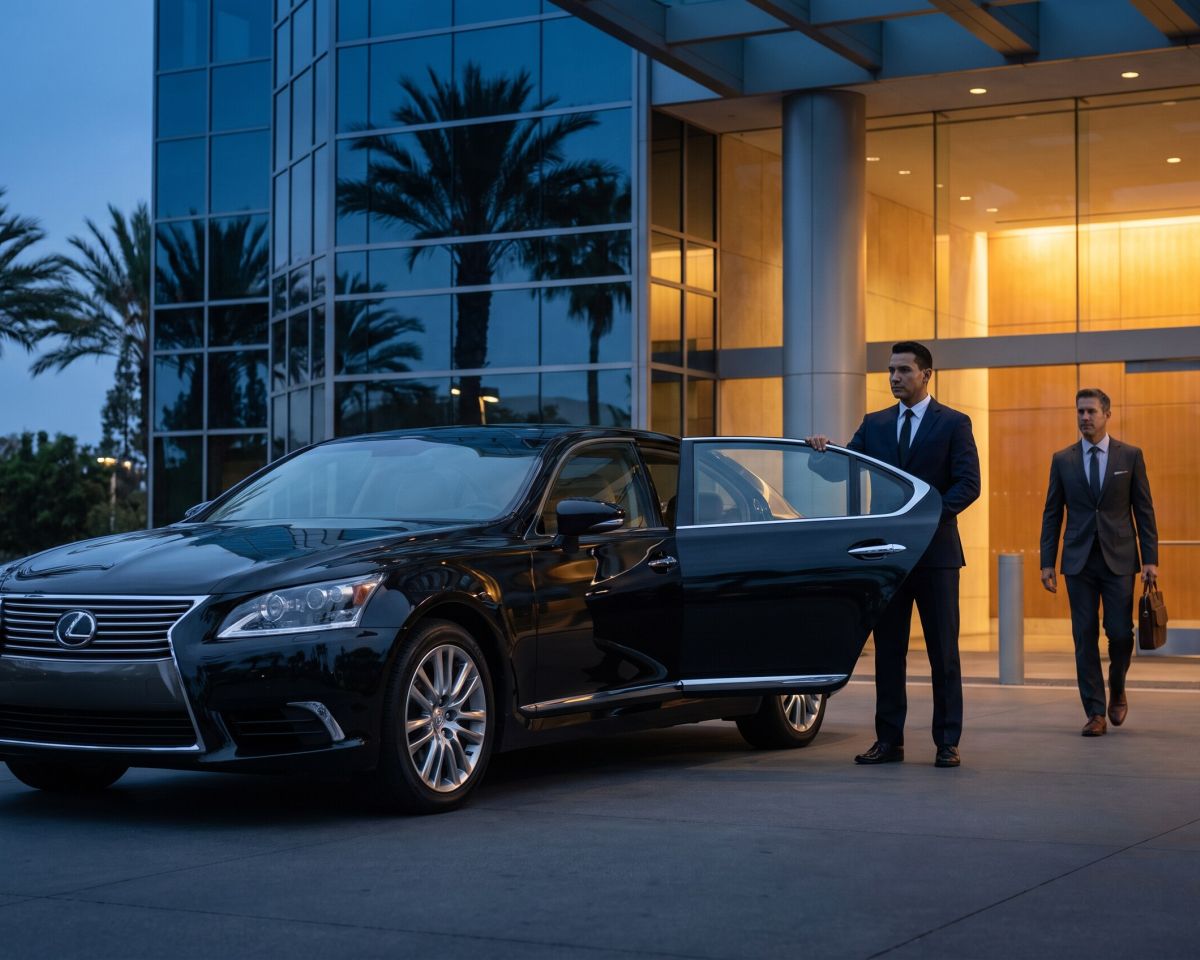 Chauffeur greeting an executive beside the Lexus Sedan at dusk