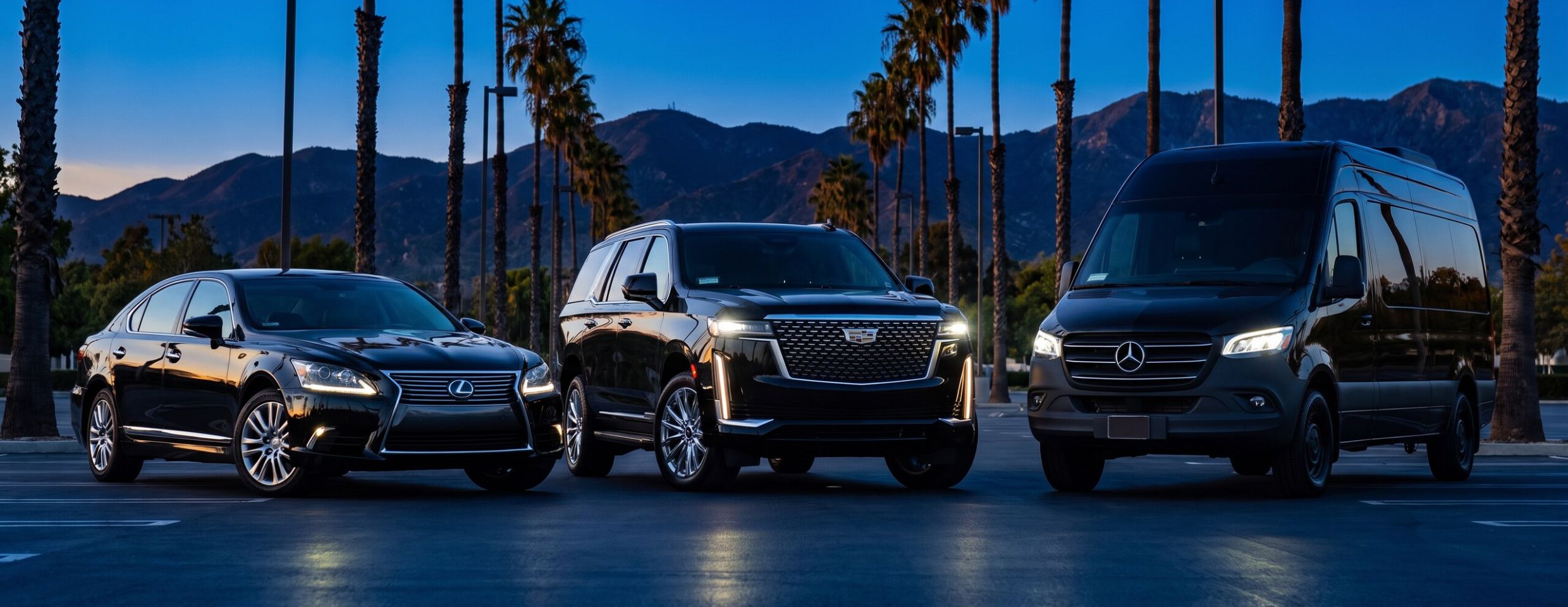 Lexus Sedan, Black Cadillac Escalade and Black Mercedes-Benz Sprinter parked in a row at dusk