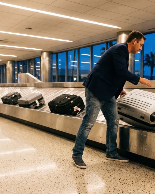 Traveler lifting a suitcase from the baggage carousel