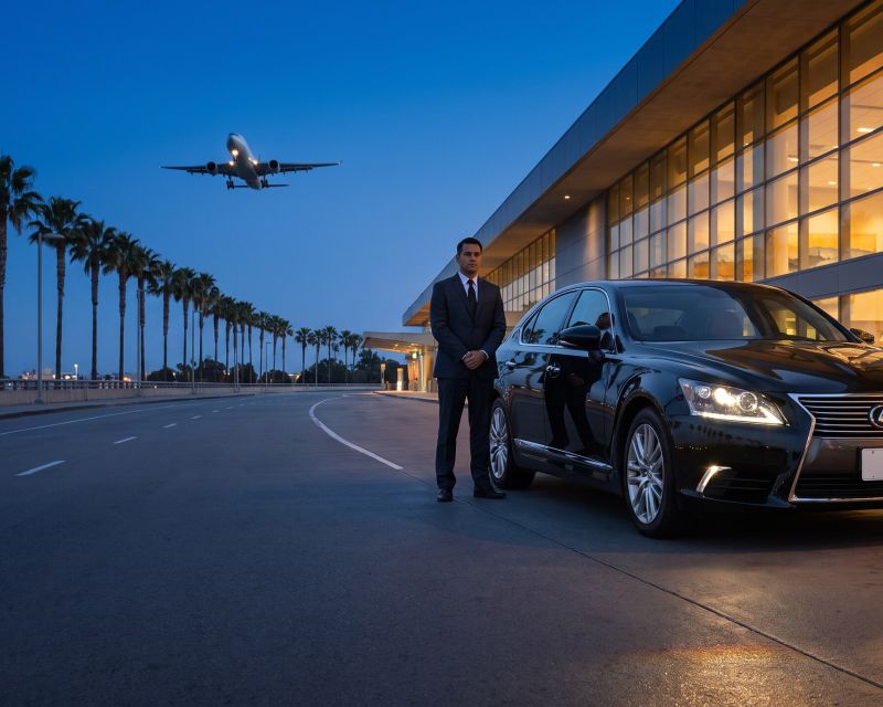 Lexus Sedan and chauffeur at a large airport terminal as a passenger jet climbs overhead