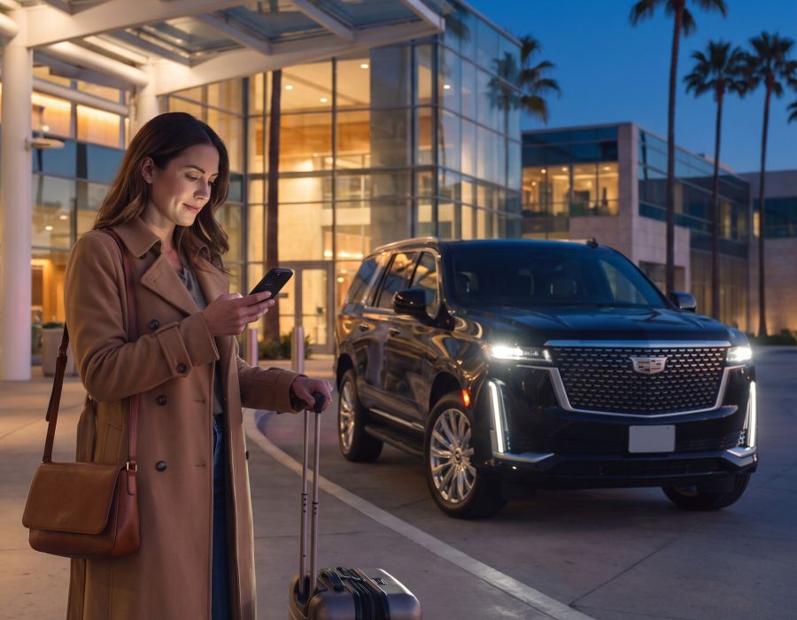 Arriving traveler with a suitcase messaging her chauffeur at the airport curb, the Black Cadillac Escalade waiting behind her