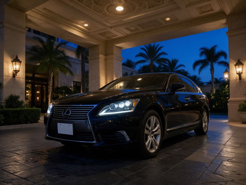 Lexus Sedan parked under a hotel entrance at dusk