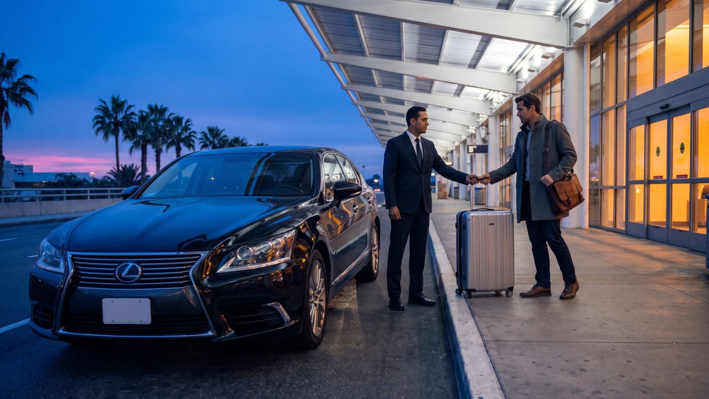 Chauffeur handing a suitcase to a departing traveler beside the Lexus Sedan at the terminal entrance at dawn
