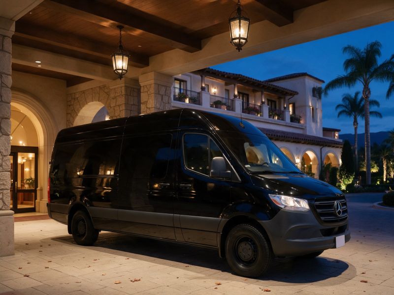 Black Mercedes-Benz Sprinter parked under a hotel entrance at dusk