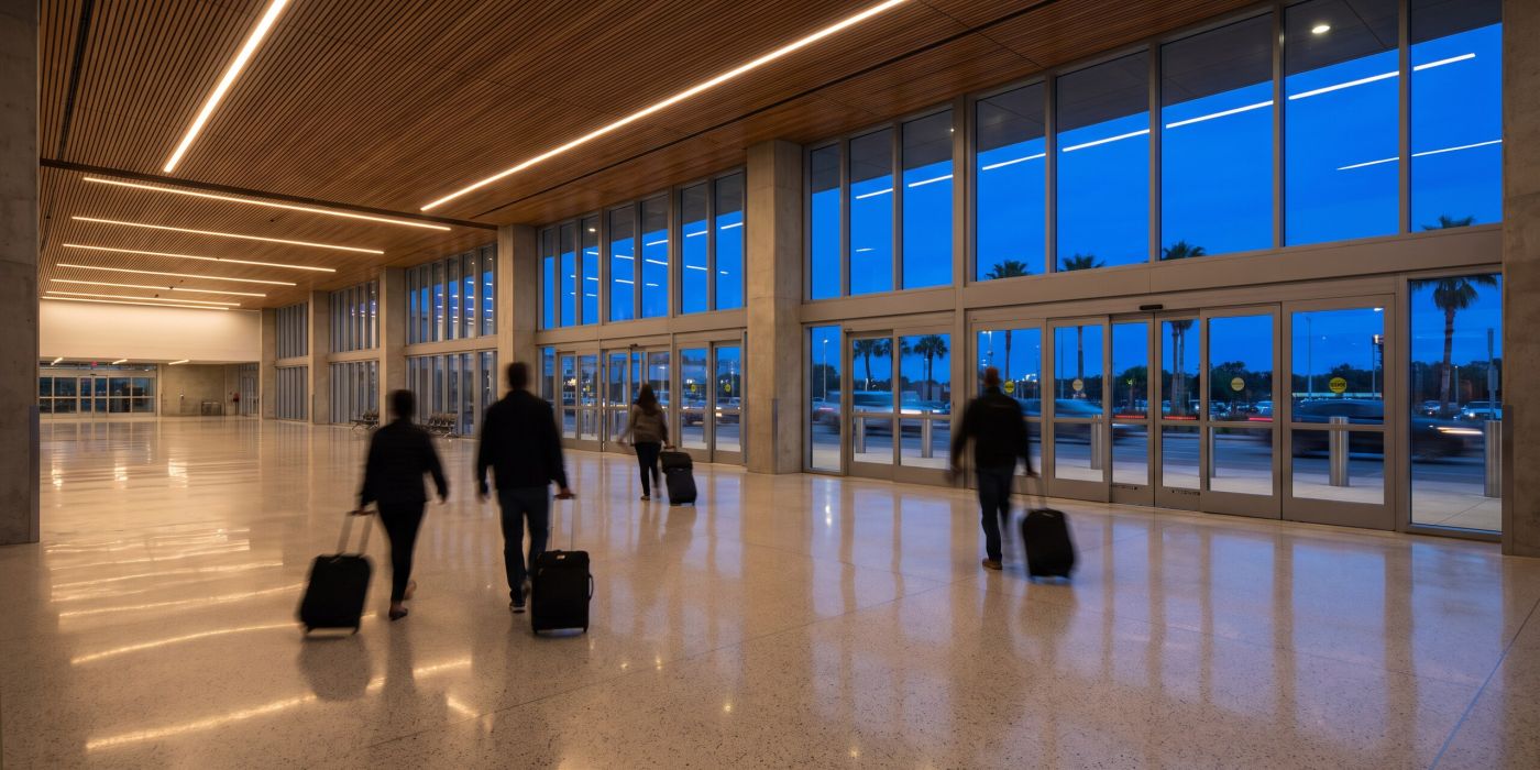 Travelers with rolling suitcases walking through an airport arrivals hall toward the exit doors