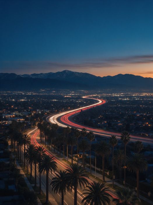 Aerial view of the Inland Empire at dusk, a freeway curving through the valley toward the San Gabriel Mountains