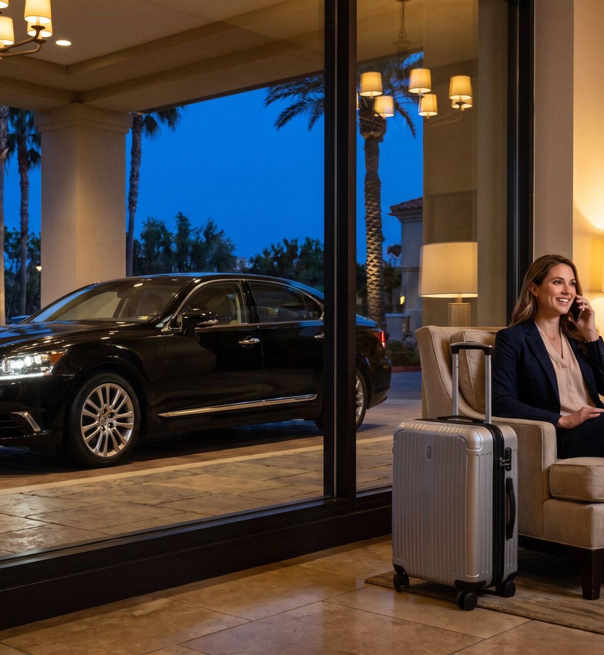 Traveler with a carry-on suitcase calling from a hotel lobby while the Lexus Sedan waits at the entrance