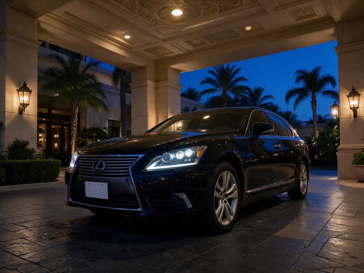 Lexus Sedan parked under a hotel entrance at dusk