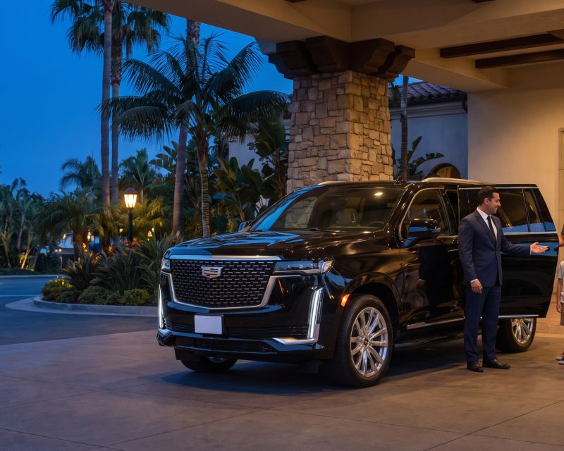 Black Cadillac Escalade with a family arriving at a resort hotel entrance at dusk