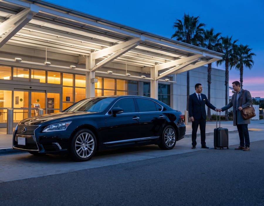 Chauffeur handing a suitcase to a departing traveler beside the Lexus Sedan at the terminal entrance at dawn
