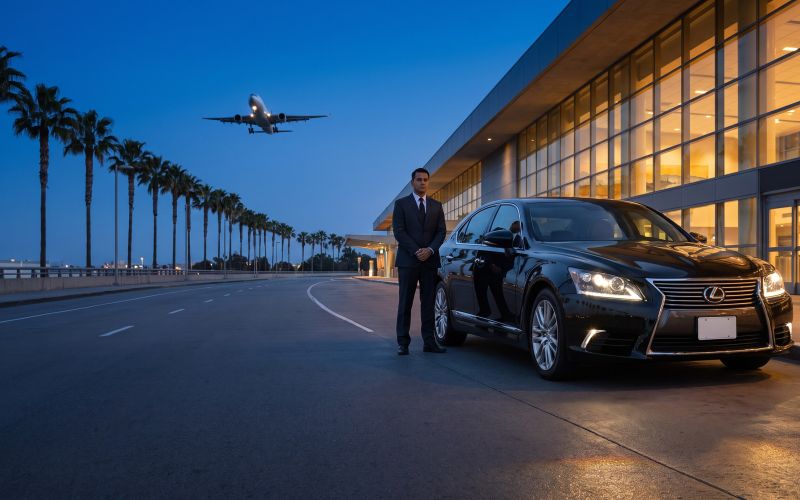 Lexus Sedan and chauffeur at a large airport terminal as a passenger jet climbs overhead