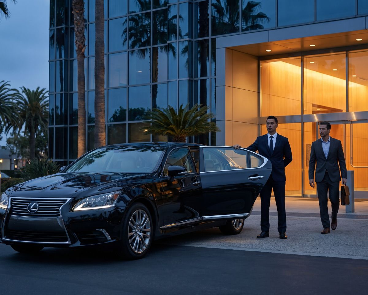 Chauffeur and an executive standing beside the Lexus Sedan at dusk