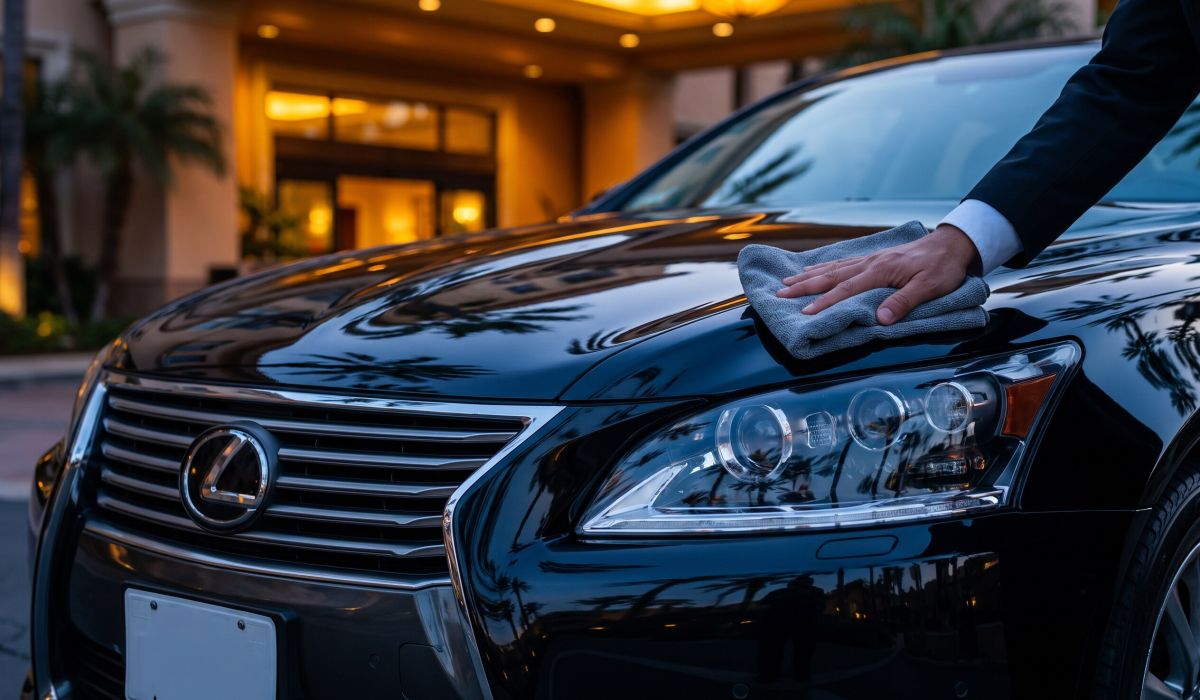 Chauffeur wiping the polished hood of the Lexus Sedan with a cloth