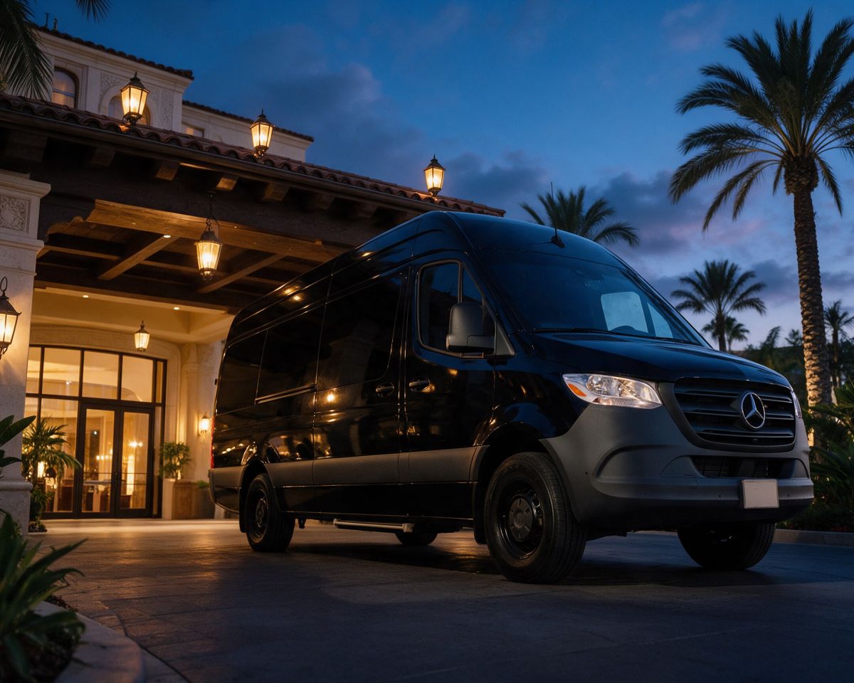 Black Mercedes-Benz Sprinter parked in front of a Spanish-style hotel at dusk