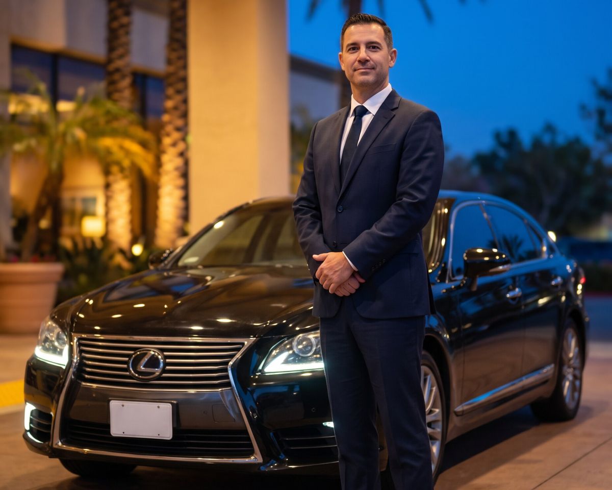 Chauffeur in a dark suit standing beside the Lexus Sedan at a hotel entrance
