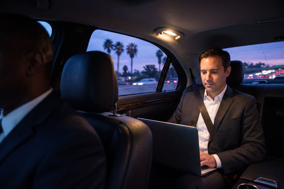 Business traveler working on a laptop in the rear seat during a chauffeured trip at dusk
