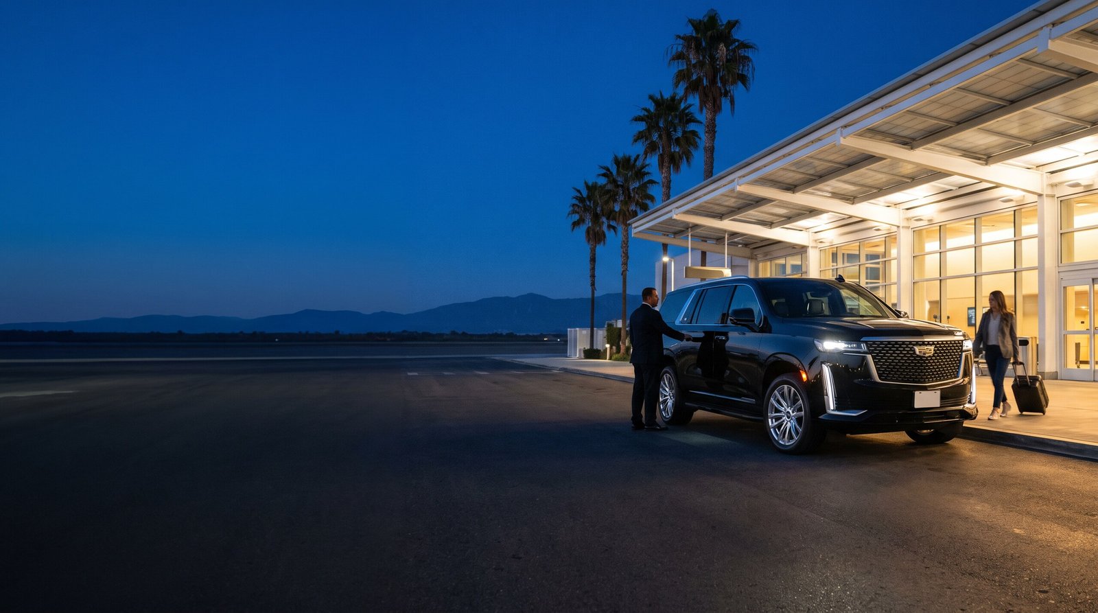 Black Cadillac Escalade at an airport terminal curb at dusk, a chauffeur holding the rear door for an arriving traveler