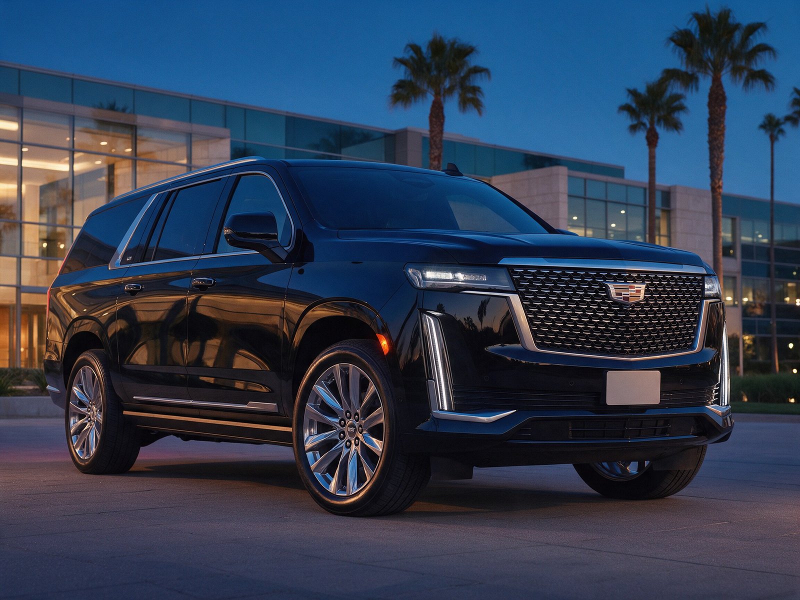 Low-angle view of the Black Cadillac Escalade in front of a glass office building at dusk