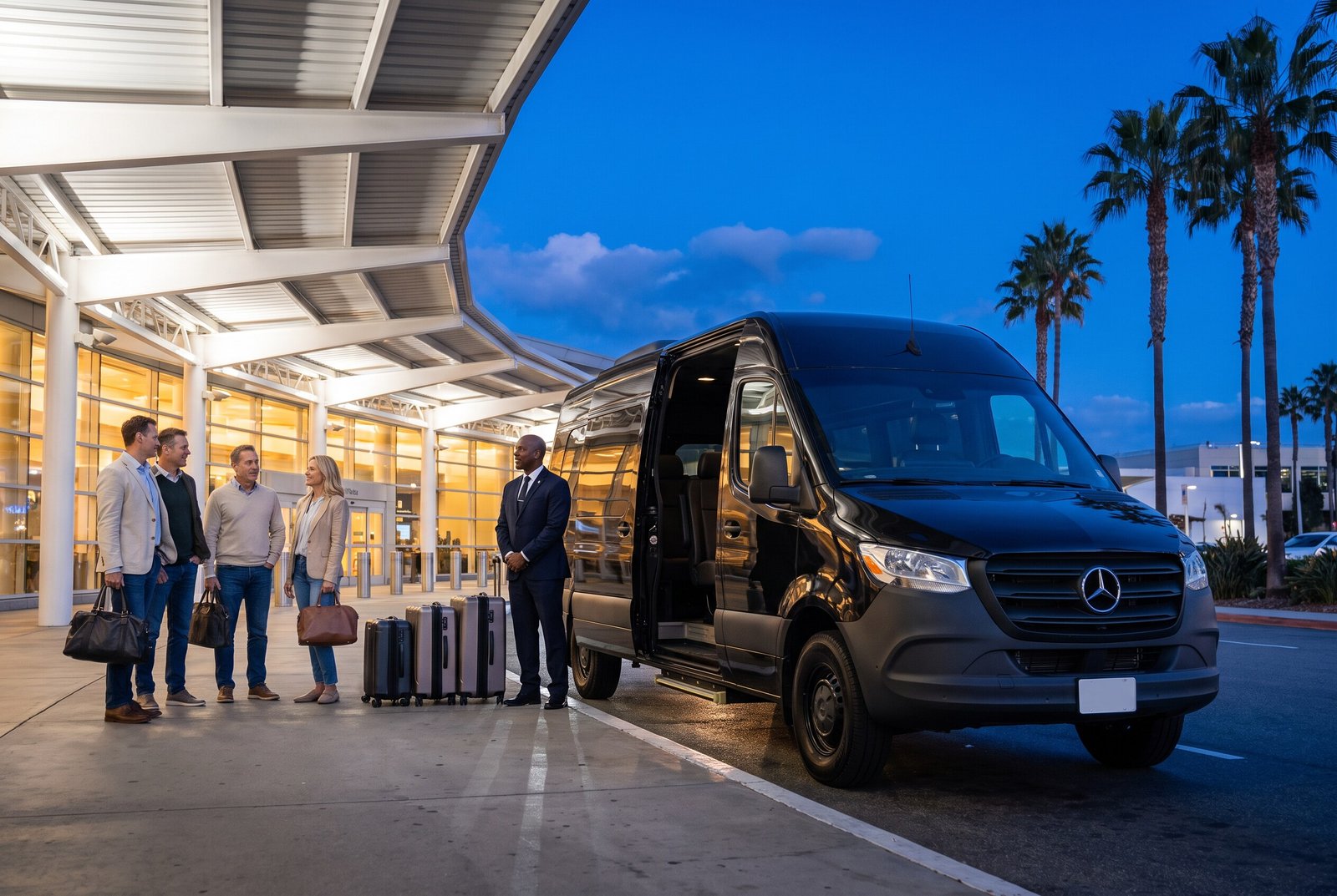 Black Mercedes-Benz Sprinter with a group of travelers and their luggage at an airport curb
