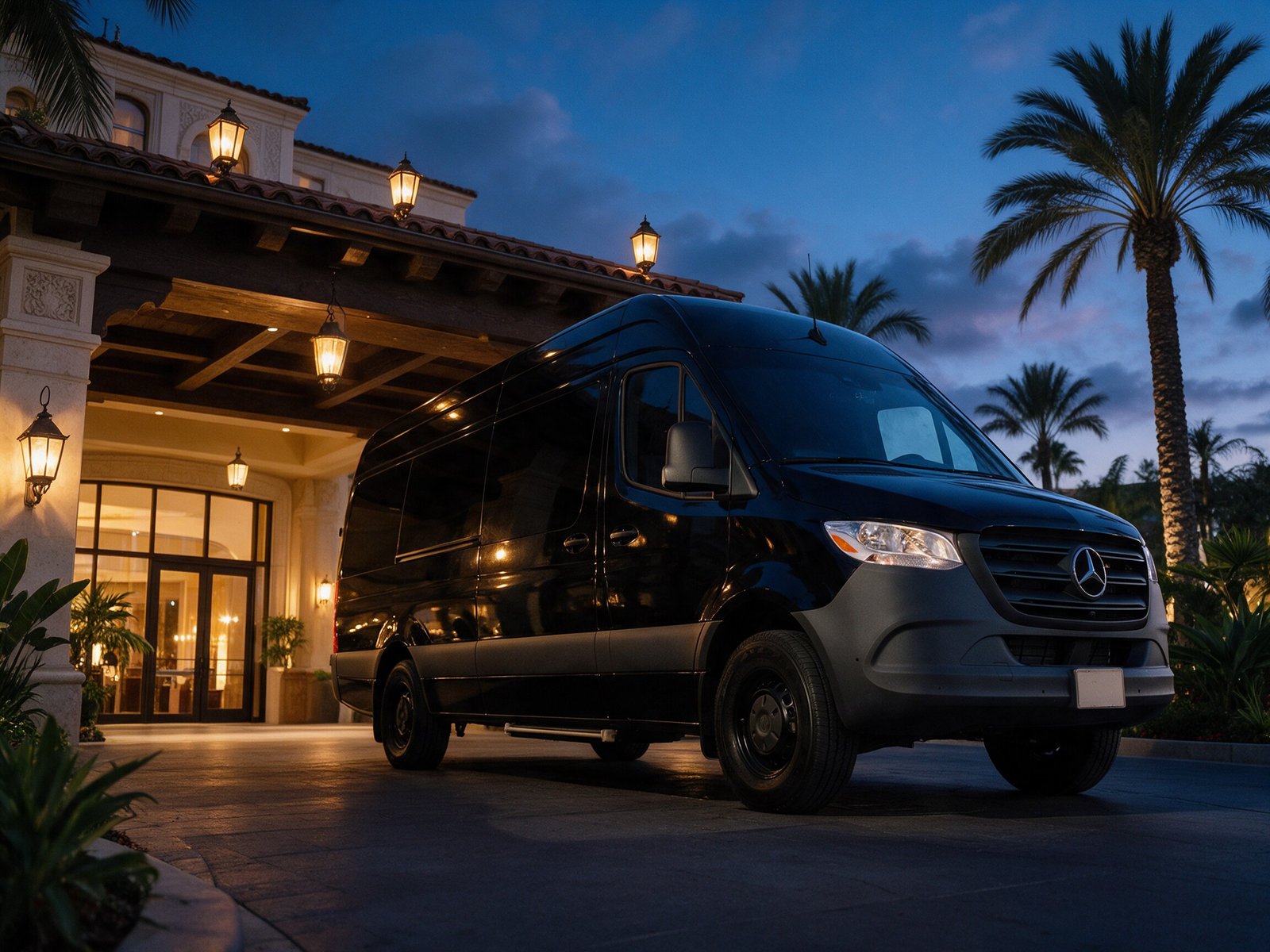 Black Mercedes-Benz Sprinter parked in front of a Spanish-style hotel at dusk