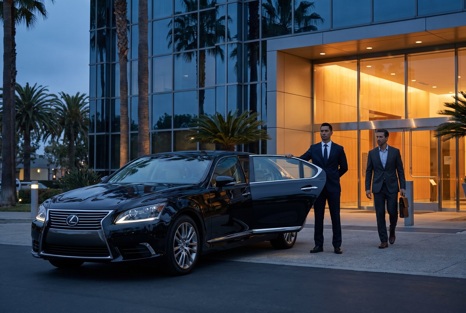 Chauffeur and an executive standing beside the Lexus Sedan at dusk