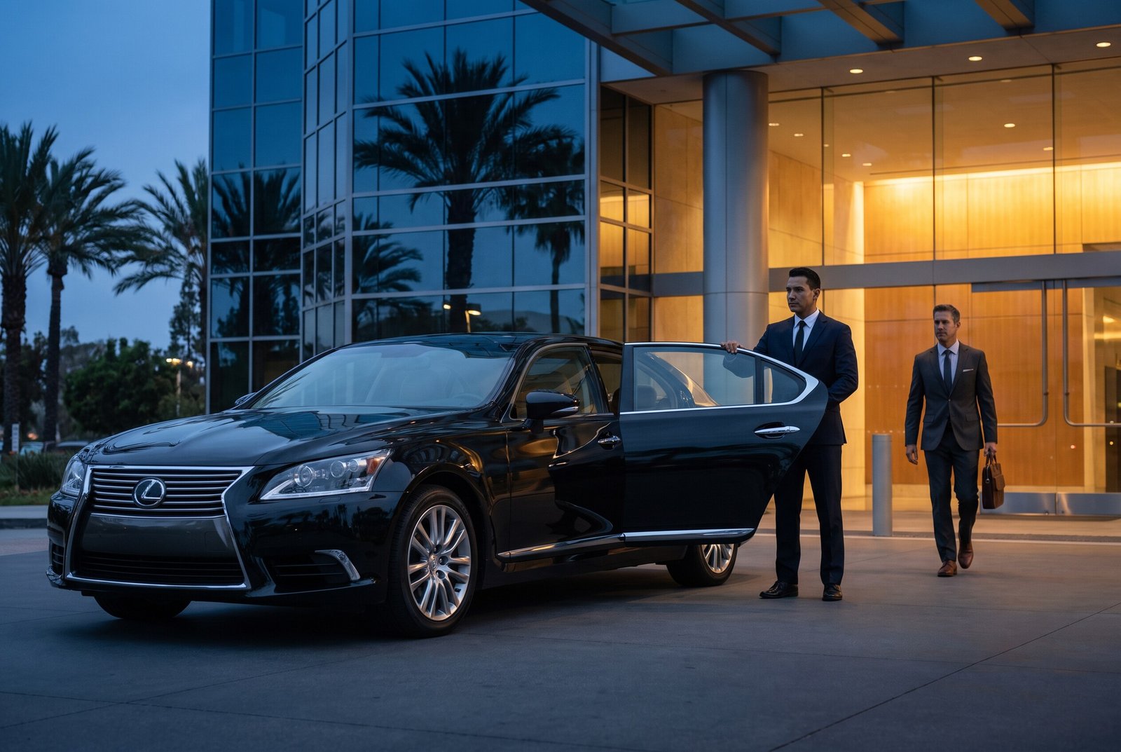 Chauffeur greeting an executive beside the Lexus Sedan at dusk