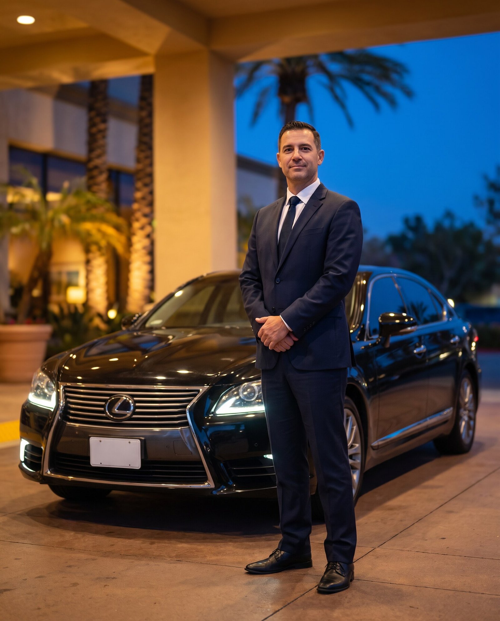 Chauffeur in a dark suit standing beside the Lexus Sedan at a hotel entrance