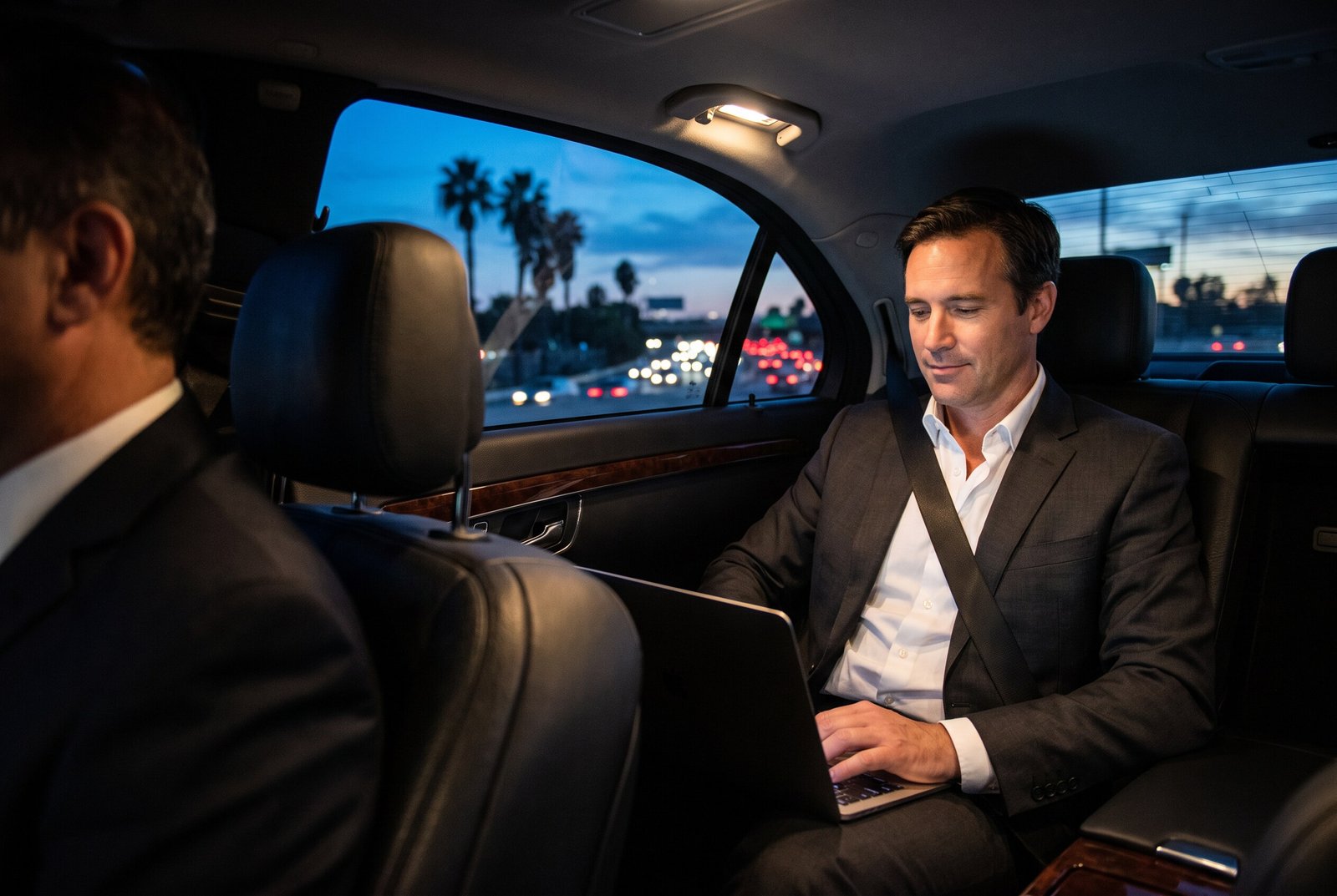Business traveler working on a laptop in the rear seat of a chauffeured sedan