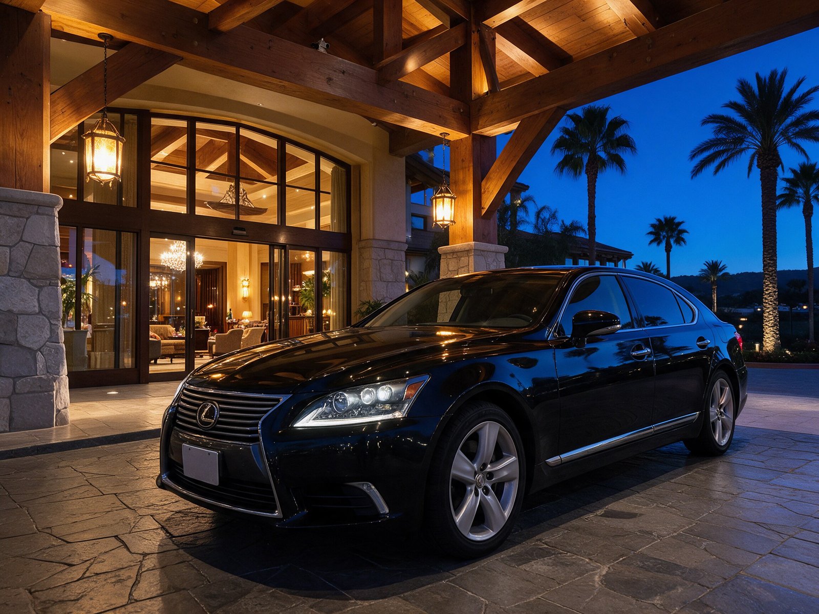 Lexus Sedan parked in front of a lodge-style hotel entrance at dusk