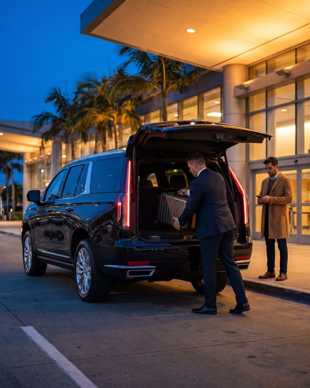 Chauffeur loading a suitcase into the rear of the Black Cadillac Escalade at the airport arrivals curb