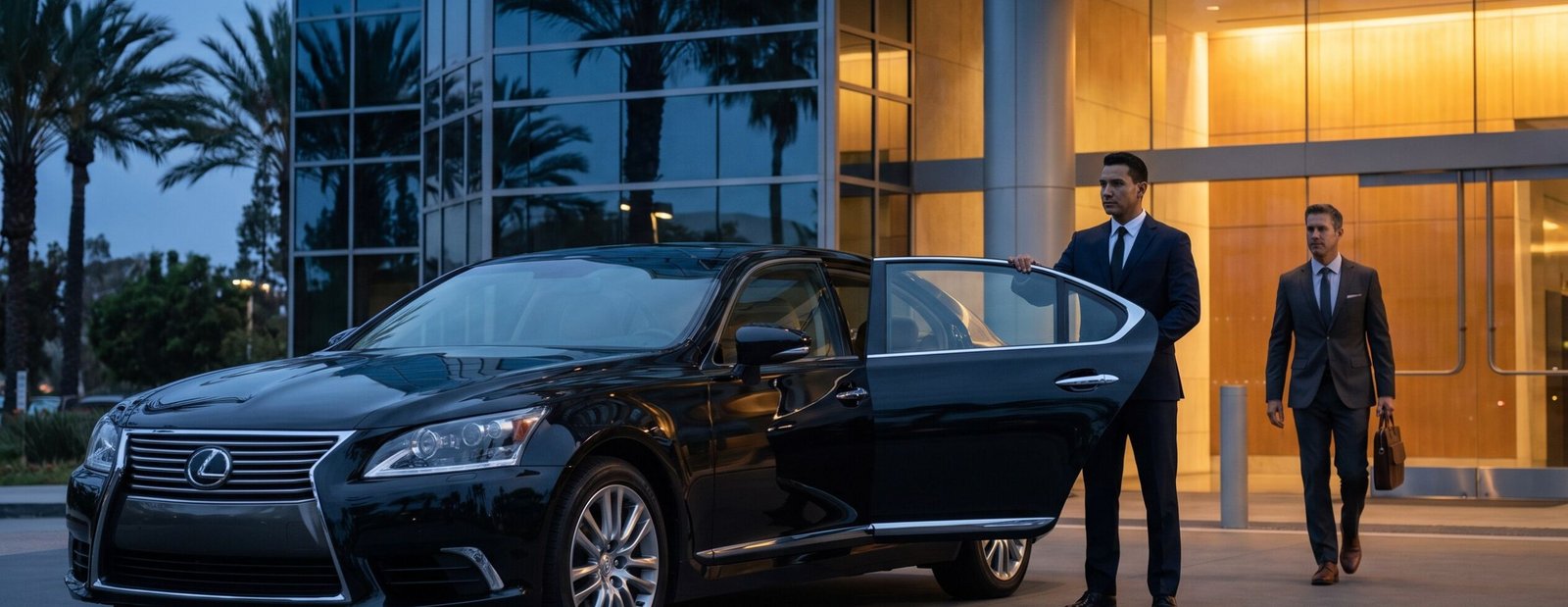 Chauffeur greeting an executive beside the Lexus Sedan at dusk
