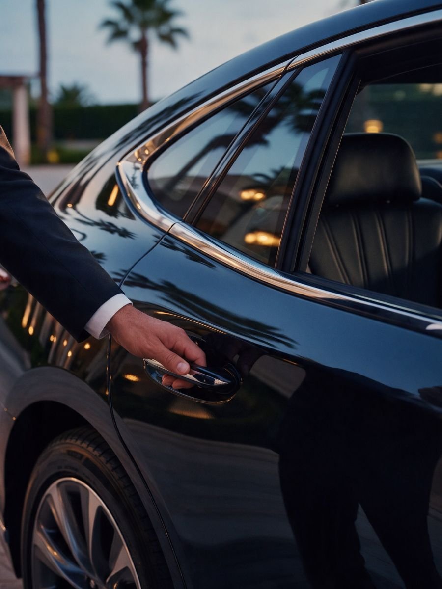 Close view of a chauffeur's hand opening a vehicle door