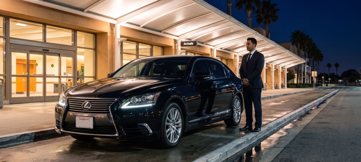 Chauffeur waiting beside the Lexus Sedan at a quiet airport curb at night